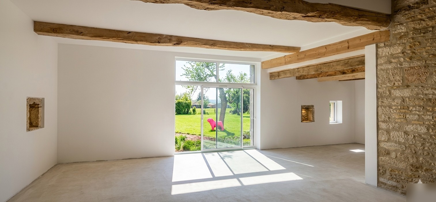 Grand volume rénovation grange Armoise poutres bois pierre – BATIMM RENOV