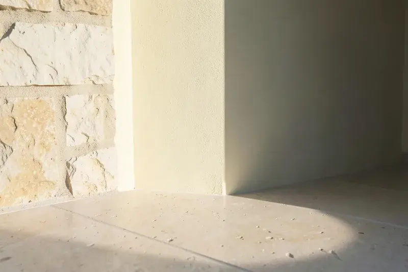 Soubassement en pierre apparente jouxtant un mur enduit, au ras d'un sol carrel&eacute;